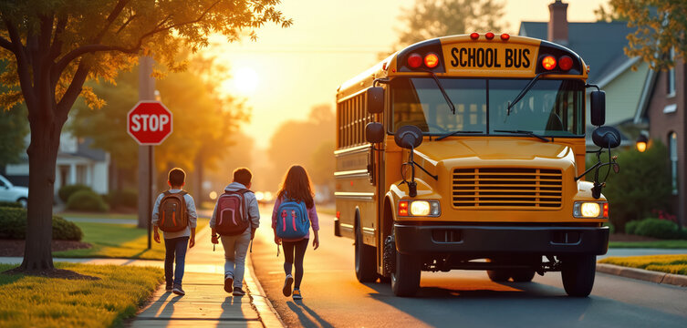Children with backpacks walk to yellow school bus in morning sunlight. Stop sign visible on street. Parents feel safe with kids commuting to school.