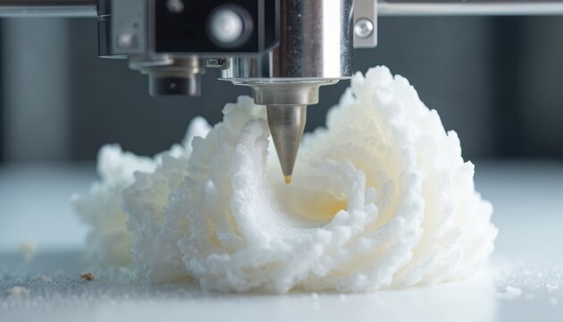 3D printer nozzle deposits material creating white textured object. Additive manufacturing process shows intricate layer detail on finished product. Future tech builds form.