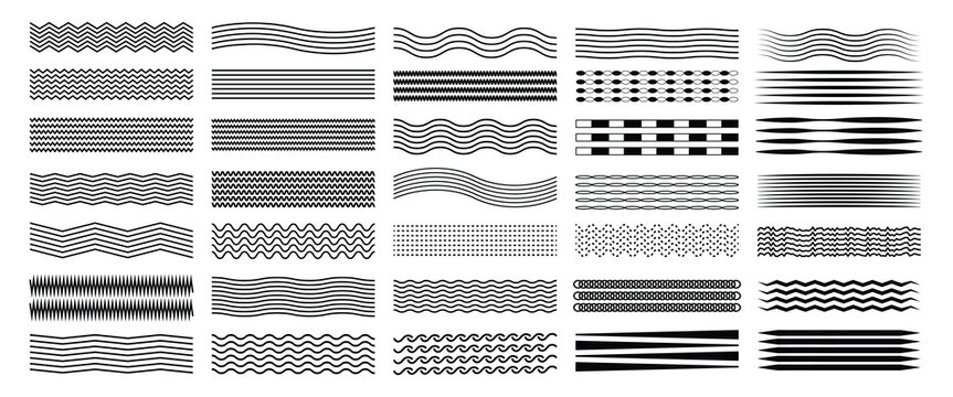 Collection of flowing wave lines and zigzag patterns, designed as a modern ornamental thin line background.