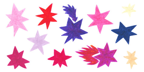 Obraz premium Hand drawn crayon pastel set of abstract colorful shine pink star shapes. Bright red, purple, lilac doodle sparkles and stars elements for graphic design, pattern, greeting cards, sparkle sticker