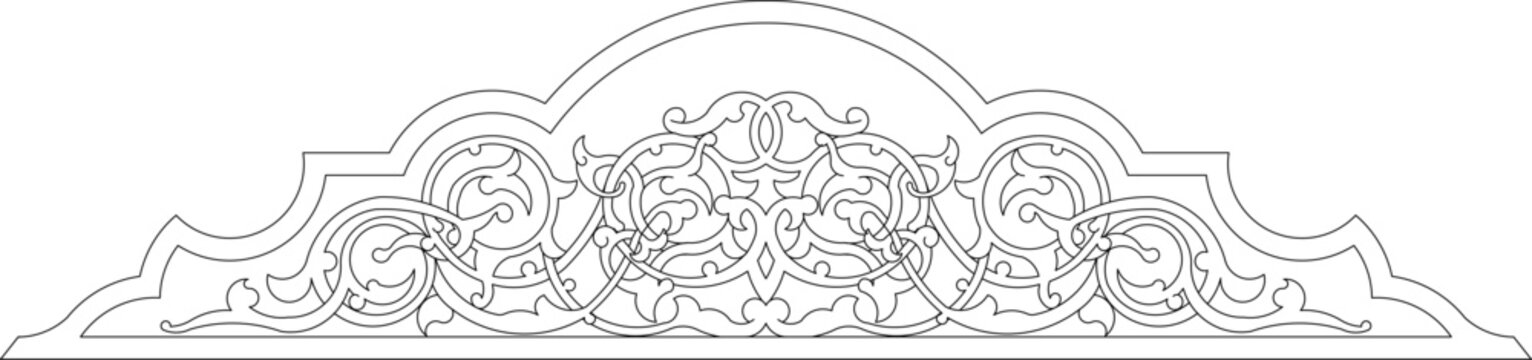 Technical decorative drawing showing a horizontal ornamental frieze with symmetrical arabesque scrolls and floral motifs under a curved arch.