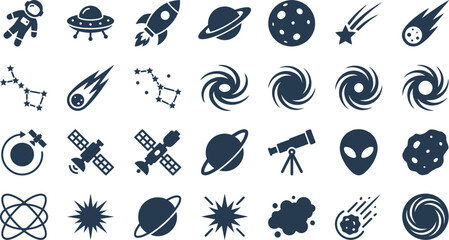 A captivating set of dark blue silhouette icons showing planets, rockets, constellations, and nebulae. © Septarim