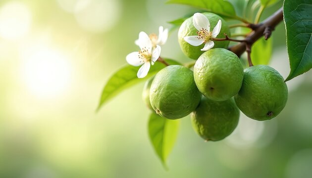 Close up of unripe green fruits on a branch with white flowers in bright sunlight. Lush leaves surround young fruitlets in a garden setting. Nature growth scene shows potential harvest.