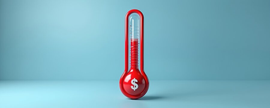Red thermometer with dollar sign shows rising financial temperature or high cost. Concept for economic inflation, budget changes, or fundraising goals. Measures money value.
