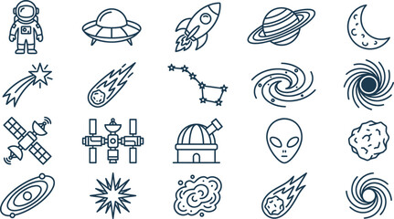 Collection of space icons including planets, rockets, and astronauts in simple line art style © Septarim