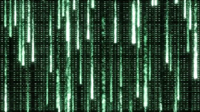 Abstract view of glowing green data streams falling in a digital grid.
