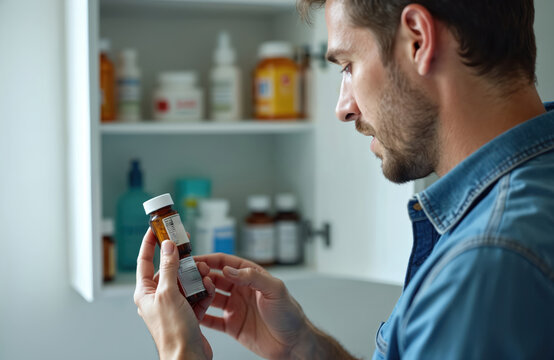 Man holds medicine bottle in bathroom cabinet. Person reads drug label instructions for pills. Health care, home medication use and treatment.