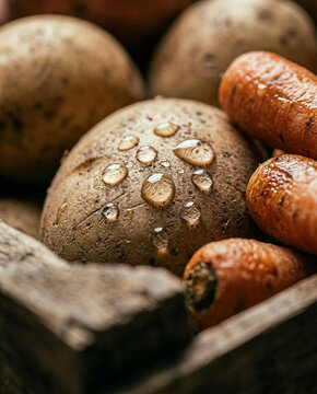 Macro close up of fresh potatoes and carrots with water droplets in a rustic crate. generative AI
