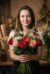 Fototapeta premium Florist portrait holding a lush bouquet of roses and seasonal flowers. generative AI