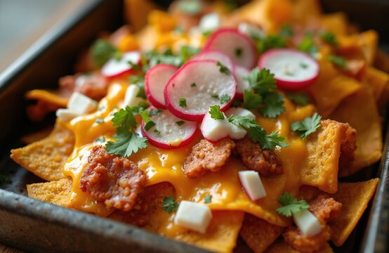 Loaded nachos with melted cheese, seasoned meat, radish slices and fresh cilantro garnish on a dark tray. This appetizing snack is perfect for sharing at parties or as a meal.