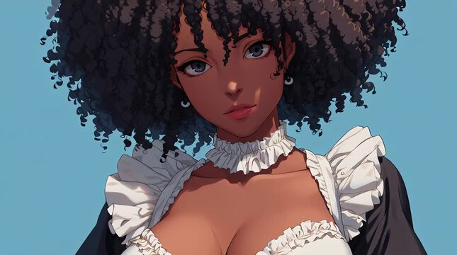 Seductive Busty Anime Maid in Black and White Frilly Costume with Large Afro Hair Against Teal Blue Background as a Sensual Roleplay Character Anime Illustration Animation