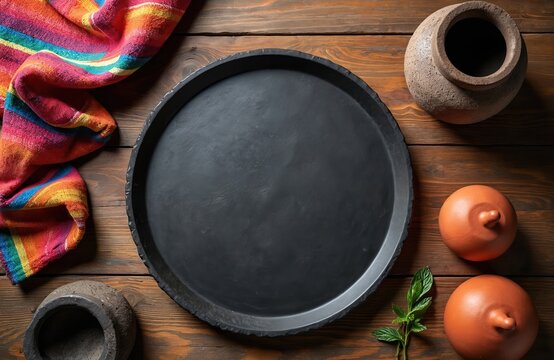 Rustic wooden table with empty black stone comal plate, colorful fabric, clay pots, and molcajete. Mexican kitchen utensils are arranged for traditional food prep.