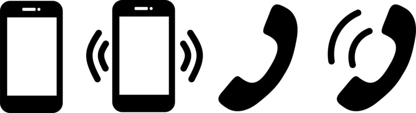 Mobile phone call icons set, smartphone vibration and telephone handset symbols, communication and customer support contact signs