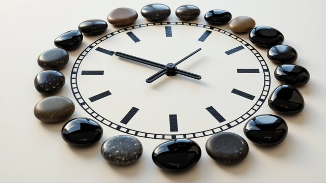 close round clock face black hands numbers clock face white black roman numerals hands around clock face several small black brown spheres arranged circular pattern spheres different sizes shapes