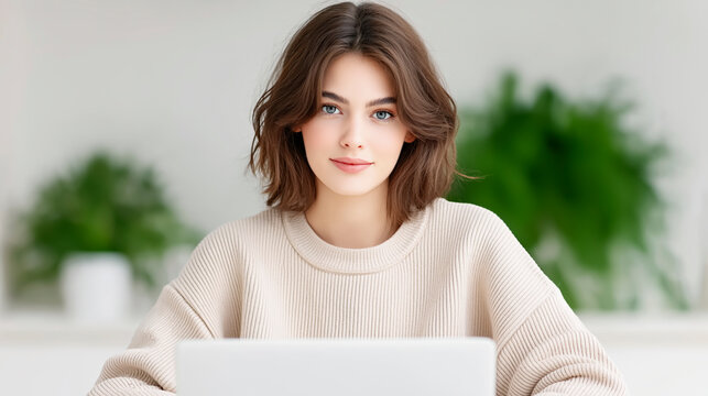 Young woman working on laptop in home office studying or freelancing online. Lifestyle remote work education and digital communication in modern environment