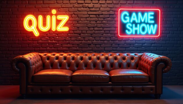 Brown leather sofa under neon signs that read quiz and game show against a brick wall. Entertainment interior decor, studio set for broadcast or competition.