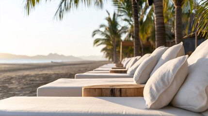 Fototapeta premium Comfortable lounge chairs lined along tropical beach at sunset