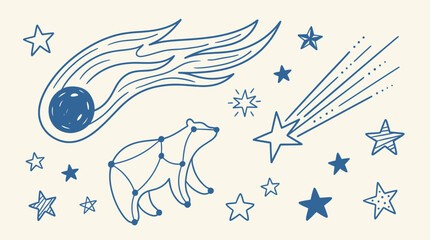 A delightful hand-drawn illustration featuring various celestial objects, including a comet, shooting star, and bear constellation. © NeoVector