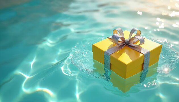 Yellow gift box with ribbon floats on clear blue water. Sunlight reflects on rippling surface. Surprise package on calm blue pool. Refreshing festive mood.