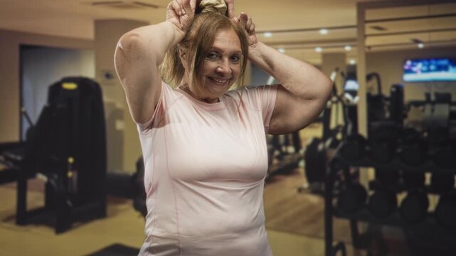 Senior woman wearing pink tshirt and scrunchie makes bunny ears with hands in fitness studio; playful spirit.
