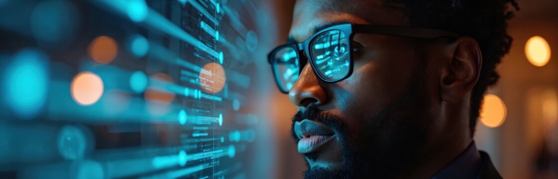 Man in glasses studies digital interface data streams. Glowing blue lights and charts reflect in his eyewear. He analyzes complex information on a futuristic screen.