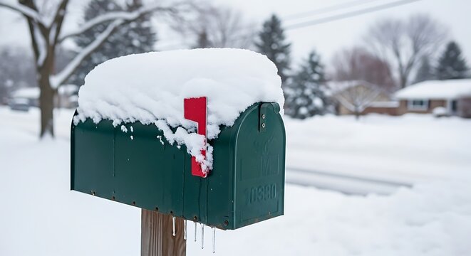 Snowy residential street with a green mailbox on a wooden post covered in snow and red flag visible in winter.