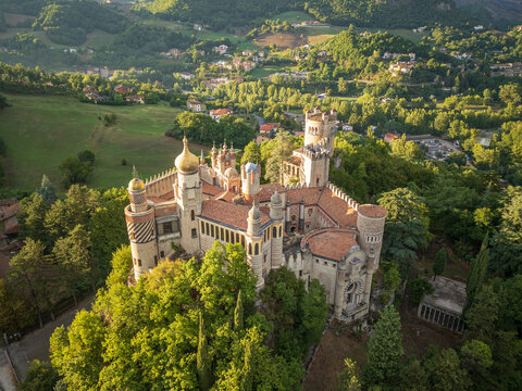 Stunning castle Rocchetta Mattei sunset view