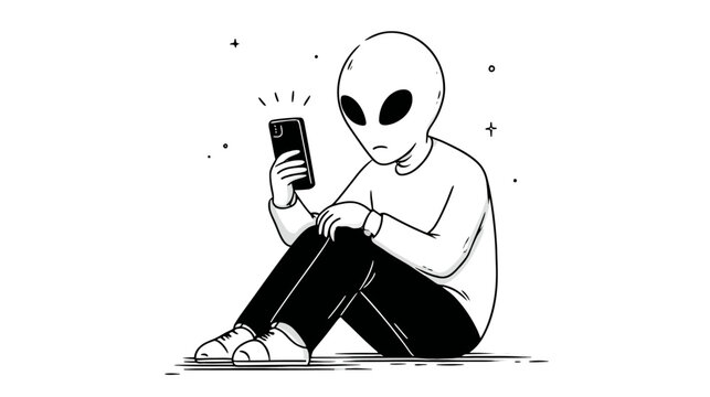 Curious alien character using a smartphone, hand-drawn illustration of extraterrestrial technology interaction, digital communication concept.