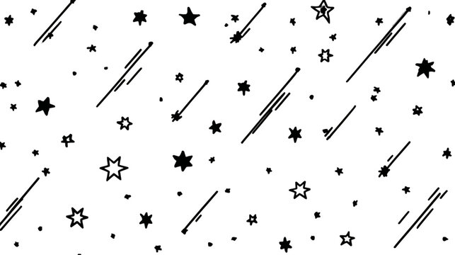 Seamless minimalist black and white cosmic pattern with various stars and shooting meteors. Graphic celestial background.