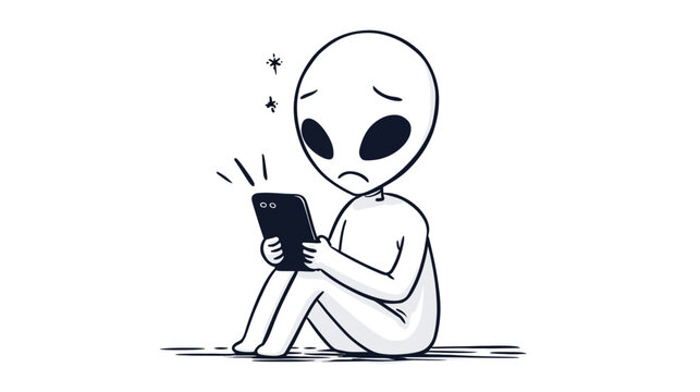 Distressed cartoon alien character using a smartphone, feeling sad, overwhelmed, or confused by technology and digital communication.