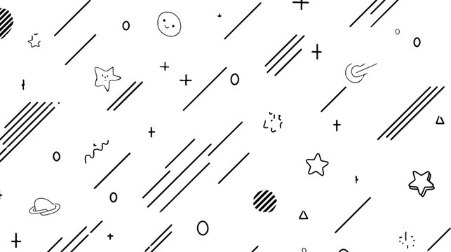 Minimalist black and white seamless pattern with hand-drawn geometric shapes, stars, planets, and celestial doodles