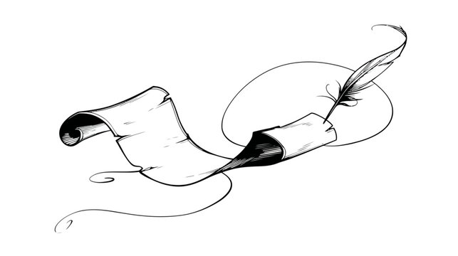 Artistic black and white illustration of a classic parchment scroll and an elegant feather quill pen, symbolizing old communication and history.