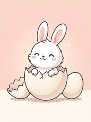 Obraz premium A cute cartoon bunny hatching from an eggshell with a cheerful expression