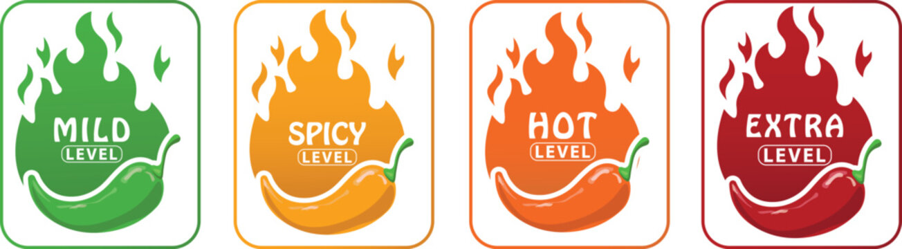 Red Chili Fire Icon. Chili heat level, spice level, hot level, extra level. Green, yellow, orange hot icon. Spicy logo.