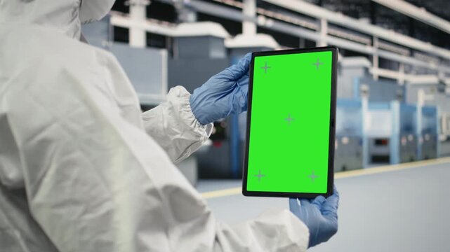 Green screen device used by engineer in semiconductor production plant floor to do maintenance on fab machinery. Expert in safety gear checking PCB parts manufacturing with mockup tablet, camera A