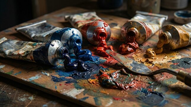 Close-up of vibrant oil paints squeezed onto a wooden artist's palette with a palette knife, ready for painting.