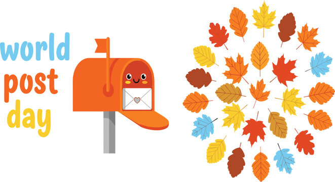 Vector illustration set for World Post Day featuring a cute orange mailbox character with a letter and a circular arrangement of autumn fall leaves.