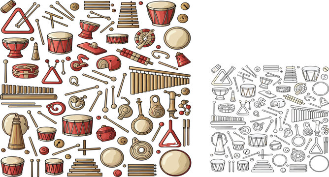 Comprehensive vector set of percussion musical instruments including drums, xylophones, triangles, and tambourines in both colored hand-drawn and black and white line art styles
