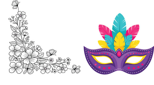 Vector illustration set featuring a hand drawn black and white floral corner border and a colorful purple masquerade carnival mask with feathers.