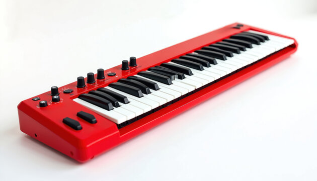 Red portable synthesizer keyboard with black and white keys. Compact musical instrument for creating electronic music. Digital audio device for DJs and producers.