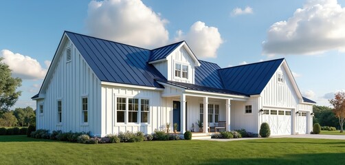 Obraz premium Modern farmhouse exterior showcases white vertical siding, contrasting dark blue metal roof. Features clean lines large windows, welcoming front porch area. Two car garage doors are visible on side.