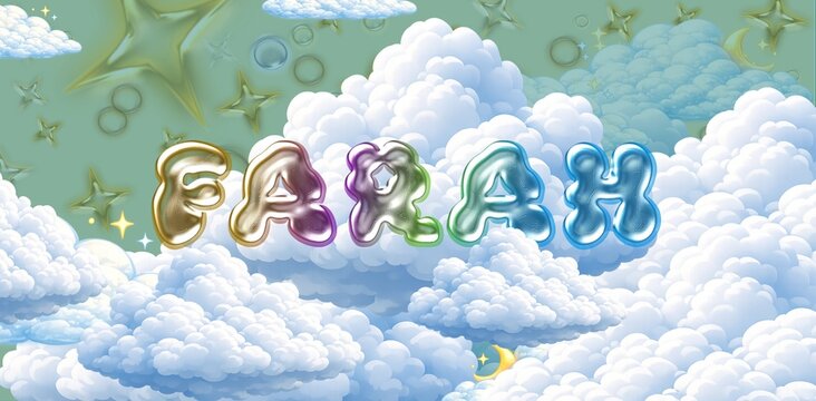 Farah name. Colorful 3D Cloud Fantasy Background with Glossy Balloon Letters. Dreamy Sky, Stars and Soft Clouds Illustration.