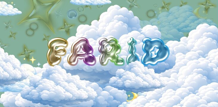 Farid name. Colorful 3D Cloud Fantasy Background with Glossy Balloon Letters. Dreamy Sky, Stars and Soft Clouds Illustration.