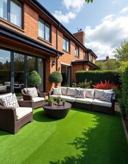 Obraz premium Modern outdoor living space with wicker furniture and artificial turf lawn. Comfortable seating arranged around a coffee table on a bright sunny day, creating a relaxing garden.