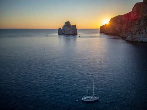 Sunset over Nebida coast and sea stacks aerial