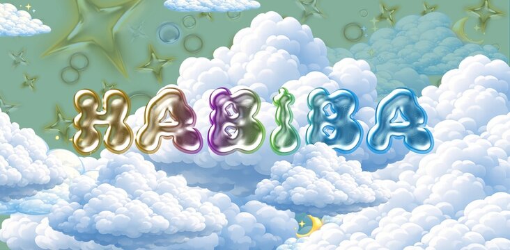 Habiba name. Colorful 3D Cloud Fantasy Background with Glossy Balloon Letters. Dreamy Sky, Stars and Soft Clouds Illustration.