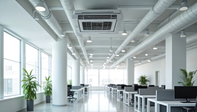 Modern office interior with cassette AC unit and lighting. Open space with desks, windows, and plants. Clean, bright workspace for business operations.