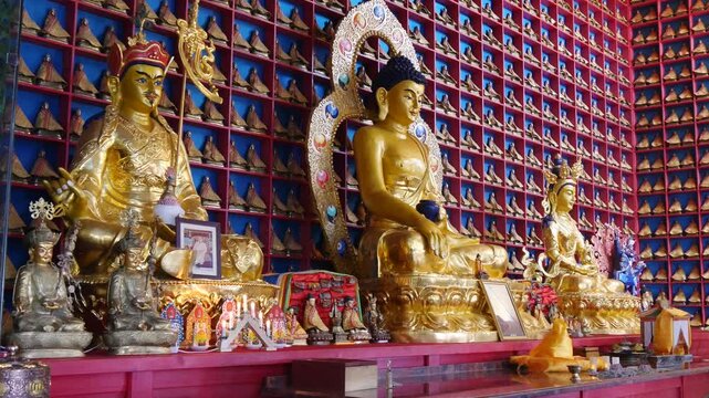 The interior of one of the many Buddhist temples in Mongolia. Bronze figures of deities and saints.