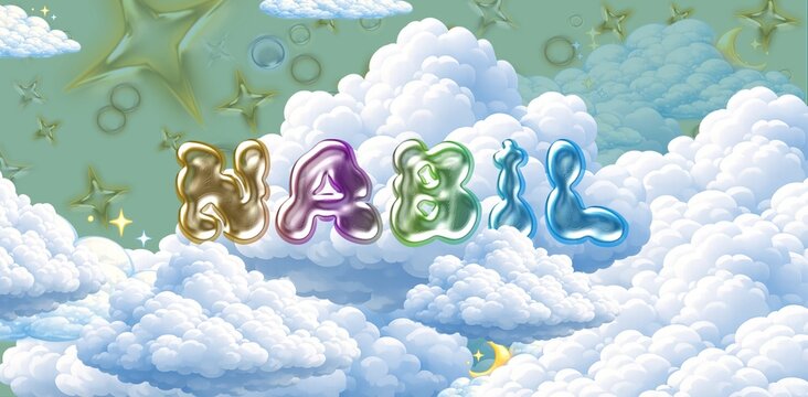 Nabil name. Colorful 3D Cloud Fantasy Background with Glossy Balloon Letters. Dreamy Sky, Stars and Soft Clouds Illustration.