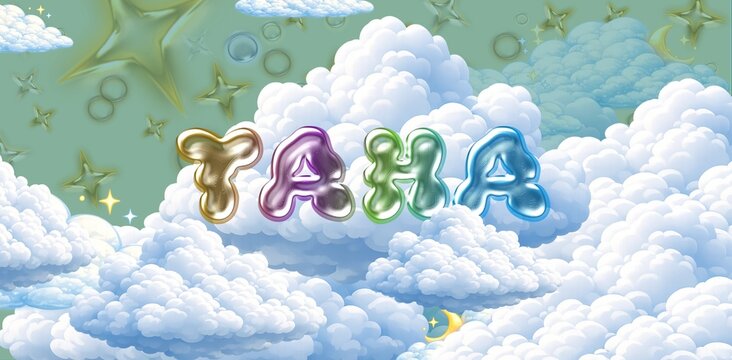 Taha name. Colorful 3D Cloud Fantasy Background with Glossy Balloon Letters. Dreamy Sky, Stars and Soft Clouds Illustration.